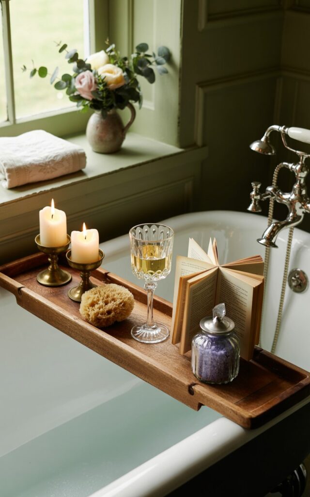 A cozy photograph of an elegant clawfoot bathtub in an English countryside bathroom, featuring a rustic wooden cutting board serving as a bathtub tray. The weathered oak board holds flickering pillar candles in brass holders, a crystal wine glass filled halfway with golden white wine, and an open leather-bound book with cream-colored pages, alongside a natural sea sponge and a vintage glass apothecary jar filled with lavender bath salts. Soft afternoon light filters through a nearby window, casting gentle shadows across the scene and illuminating vintage brass fixtures and sage green painted walls. A bouquet of garden roses and eucalyptus in a ceramic pitcher sits on a nearby windowsill next to a neatly folded cream linen towel, creating an atmosphere of peaceful luxury and slow countryside living.