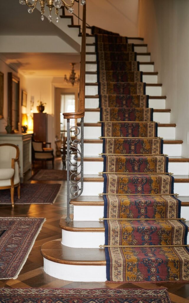 A photograph of an elegant European-style living room featuring a corner staircase with wooden steps and crisp white risers, adorned with an ornate wrought-iron railing. The staircase is dressed with a luxurious patterned runner in rich burgundy, deep navy, and golden hues, showcasing intricate woven motifs that cascade down each step, adding warmth and sophisticated texture. The living space surrounds the staircase with carefully curated vintage furniture, layered Persian and Oriental rugs in complementary earth tones, and soft ambient lighting from an ornate crystal chandelier overhead. Warm golden light filters through the room, casting gentle shadows and highlighting the old-world charm and refined elegance of the space.