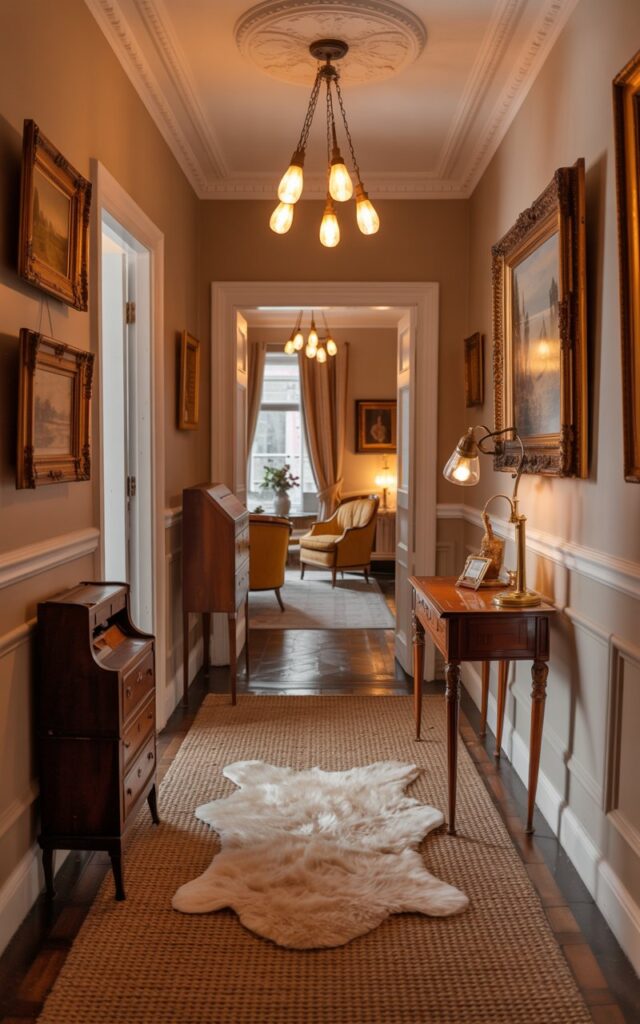 A photograph of a warmly lit Victorian-style hallway leading to a glimpse of a living room. The hallway features a plush, cream-colored wool rug layered over a textured natural sisal base, creating a visually rich and inviting foundation. Elegant mahogany furniture, including a small antique writing desk and a velvet armchair, sits against the walls adorned with ornate gold-framed landscapes and classic moldings. A cluster of Edison-style pendant lights hanging from a decorative false ceiling casts a soft, amber glow, highlighting the hallway’s layered textures and creating a timeless atmosphere.