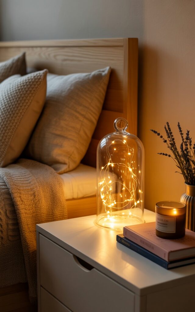 A cozy bedroom at night with a warm, dreamy atmosphere. On a nightstand beside the bed, a clear glass cloche holds softly glowing fairy lights, their golden hue casting gentle reflections on the nearby surfaces. The nightstand also features a stack of books, a ceramic candle, and a small vase with dried flowers or lavender. The bed beside it is layered with textured linens, a knitted throw, and plush pillows in neutral or muted tones. Ambient light from the fairy lights creates a serene, magical glow throughout the space. The overall aesthetic is warm, calming, and slightly whimsical — perfect for a peaceful night-time retreat.