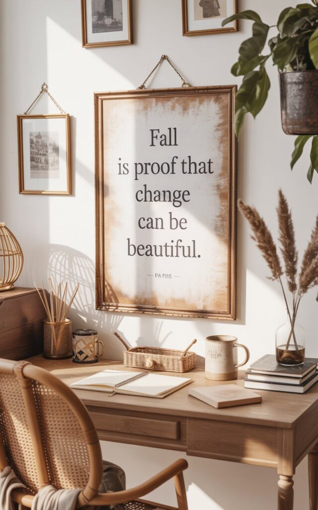 A cozy boho + alpine chic style home office setup bathed in warm natural light. On the wall above a wooden desk hangs a framed fall quote — “Fall is proof that change can be beautiful” — elegantly displayed in a weathered gold frame with a slightly aged patina. The quote is printed in stylish serif typography on off-white or textured parchment paper. The desk below features bohemian touches: a woven pen holder, a ceramic mug, a small vase with dried pampas grass, and a stack of notebooks with linen covers. A rattan or upholstered chair sits nearby, layered with a soft throw. The walls have wallpaper, complemented by vintage-inspired art, brass accents, and leafy plants, blending tradition and boho charm effortlessly.