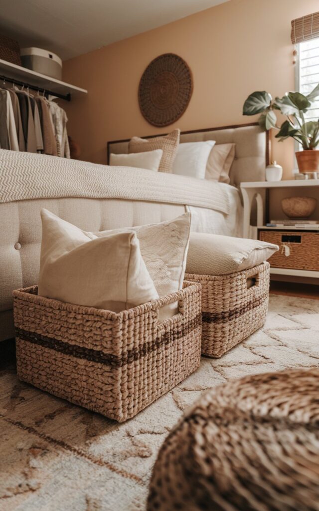A photo of a cozy boho bedroom with a high-profile bed. There are 2-3 woven baskets neatly tucked underneath the bed, storing pillows and sheets. The room has a wardrobe, rug, nightstand with essentials, and a potted plant. The room has a warm hue. The photo is taken from a low angle, showing the detailed texture of the woven baskets.