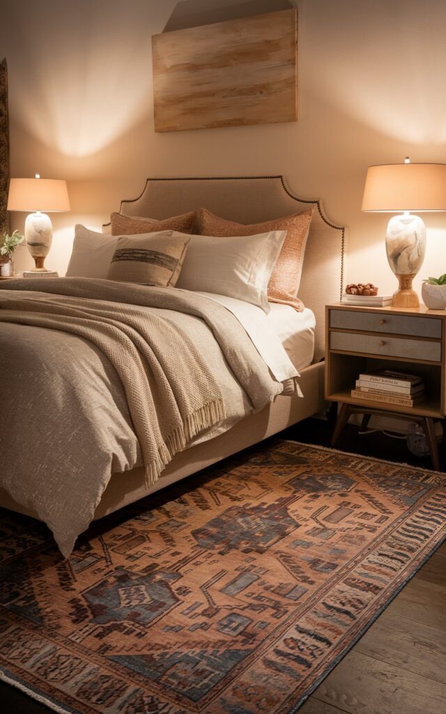 A high-resolution photo of a cozy chic bedroom with a vintage patterned rug placed under the bed. The room includes a comfortable bed with layered bedding, a stylish nightstand, and subtle decorative accents. Warm, ambient lighting and soft neutral tones enhance the inviting atmosphere.