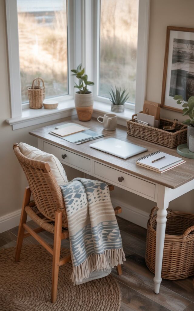 A cozy coastal + rustic home office tucked near a small bay window. Inside the desk drawer, a soft, patterned throw blanket is neatly tucked, ready for chilly mornings or cozy reading breaks. The desk itself holds essentials like a laptop, notebooks, organiser, a ceramic mug, and a small plant. Natural textures—weathered wood, woven baskets, and linen accents—blend with coastal tones of sandy beige, soft blues, and whites. Sunlight streams gently through the bay window, highlighting the cozy, lived-in feel of the space.