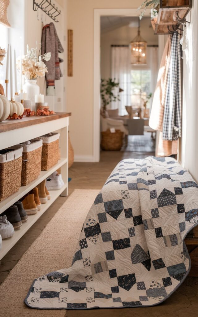 A photo of a cozy cottagecore + farmhouse-style hallway leading into a warm, inviting living room. The focus is on a beautifully draped blue-and-white quilt with a unique patchwork pattern resting over a wooden bench. The hallway includes a console table styled with fall decor — small white pumpkins, candles, and dried florals — along with practical touches like a shoe rack, woven baskets, and wall hooks holding coats and scarves. Soft natural light filters in, casting a gentle glow over the textured fabrics and rustic details. The overall mood feels welcoming, lived-in, and effortlessly charming.