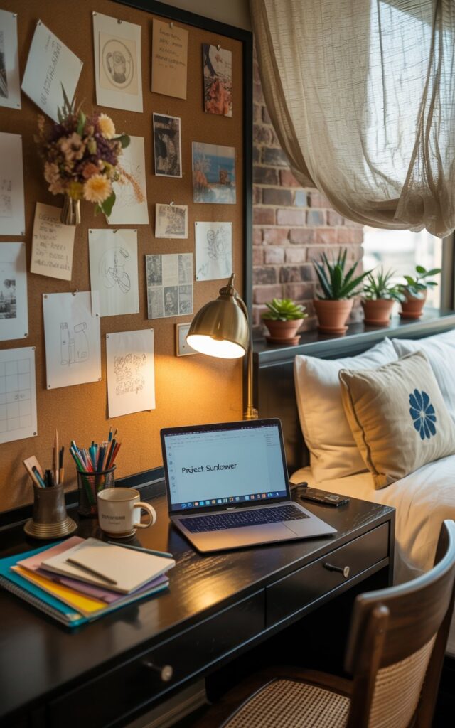 A photograph of a warm, inviting home office nook adjacent to a cozy bed. A sleek, dark wooden desk sits center frame with a silver laptop open displaying "PROJECT SUNFLOWER" and various colorful notebooks and pens scattered artfully around a steaming ceramic mug. Above the desk, a cork wall is densely populated with pinned sketches, handwritten notes, vintage postcards, and a small dried flower bouquet creating a personalized and artistic backdrop, all illuminated by a vintage brass desk lamp casting a gentle glow. Soft linen curtains frame the window behind the bed, allowing dappled sunlight to filter in and highlight the exposed brick wall and potted succulents adding a touch of natural tranquility.
