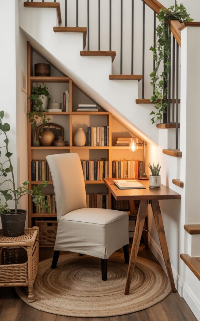 A cozy hallway interior blending cottagecore and modern farmhouse aesthetics, showcasing a charming reading nook tucked beneath a wooden staircase. The nook features a sleek upholstered chair in cream linen, a compact wooden desk with live-edge details, and a perfectly fitted bookshelf lined with well-worn books and ceramic pottery. Natural wood stair treads with crisp white risers create visual contrast, while a simple black iron railing adds modern farmhouse elegance. The space is enriched with layered woven jute rugs, trailing potted ivy and eucalyptus plants, vintage brass accents, and a warm amber floor lamp casting a gentle reading glow throughout the inviting space.