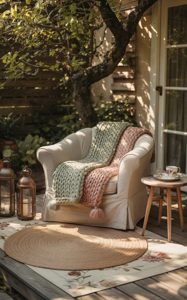 A photograph of a cozy cottagecore patio bathed in the soft glow of late afternoon sunlight. A plush, cream-colored armchair sits center stage, draped with a chunky, woven throw in shades of sage green and dusty rose. Layered beneath the chair are a large, neutral jute rug and a smaller, floral-patterned rug, while vintage lanterns and a small wooden side table holding a delicate porcelain teacup complete the scene. The patio is surrounded by leafy trees, casting dappled shadows and creating a warm, inviting atmosphere perfect for relaxation.