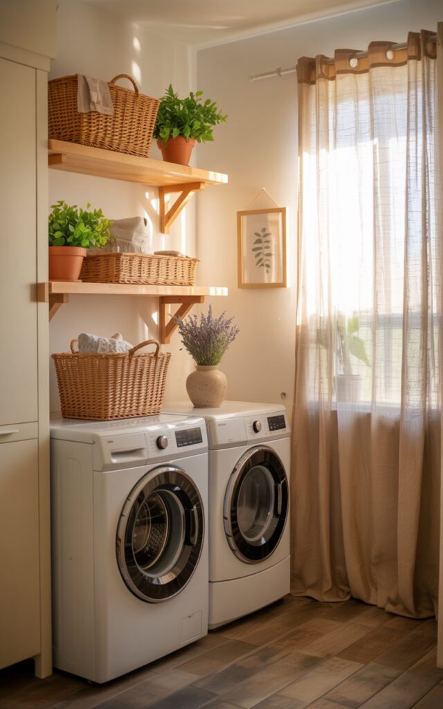 A photograph of a charming laundry room designed in a cozy cottagecore style. Two floating wooden shelves are positioned above a white front-loading washer and dryer, neatly displaying woven baskets filled with laundry essentials and small terracotta pots holding vibrant green plants. Soft sunlight filters through a sheer linen curtain, illuminating a ceramic vase holding dried lavender and a small botanical print on the cream-colored walls, while rustic wood-look tiles cover the floor. The room evokes a feeling of warmth and inviting functionality, with a focus on natural textures and a quaint, rustic aesthetic.