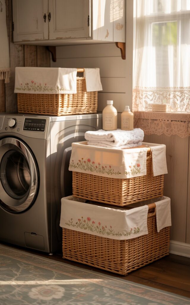A photograph of a charming laundry room styled in a cozy cottagecore aesthetic. Three woven, stackable bins filled with neatly folded linens and vintage detergent bottles are arranged beside a light grey washer and dryer. The bins feature cream-colored fabric covers adorned with delicate embroidered wildflowers, while the room is illuminated by soft sunlight filtering through a lace-curtained window, highlighting rustic wooden cabinetry and a patterned rug with a muted floral design. Gentle shadows dance across the room's warm, inviting atmosphere.