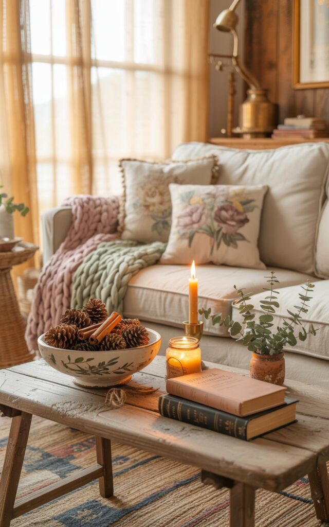 A cozy cottagecore-style living room photograph bathed in soft, golden natural light streaming through delicate sheer curtains. The centerpiece is a cream linen-upholstered sofa adorned with chunky knitted throws in sage green and dusty rose, alongside floral cushions in muted lavender and cream tones. On the weathered oak side table sits a hand-painted ceramic bowl filled with fragrant pinecones and cinnamon sticks, accompanied by a small stack of leather-bound books with faded spines, a flickering beeswax candle in a mason jar holder, and a tiny terracotta pot holding sprigs of dried eucalyptus. The scene is grounded by a hand-woven jute rug with subtle geometric patterns, while vintage brass accents, exposed wooden beams, and earthy terracotta and cream walls complete the whimsical, countryside atmosphere.