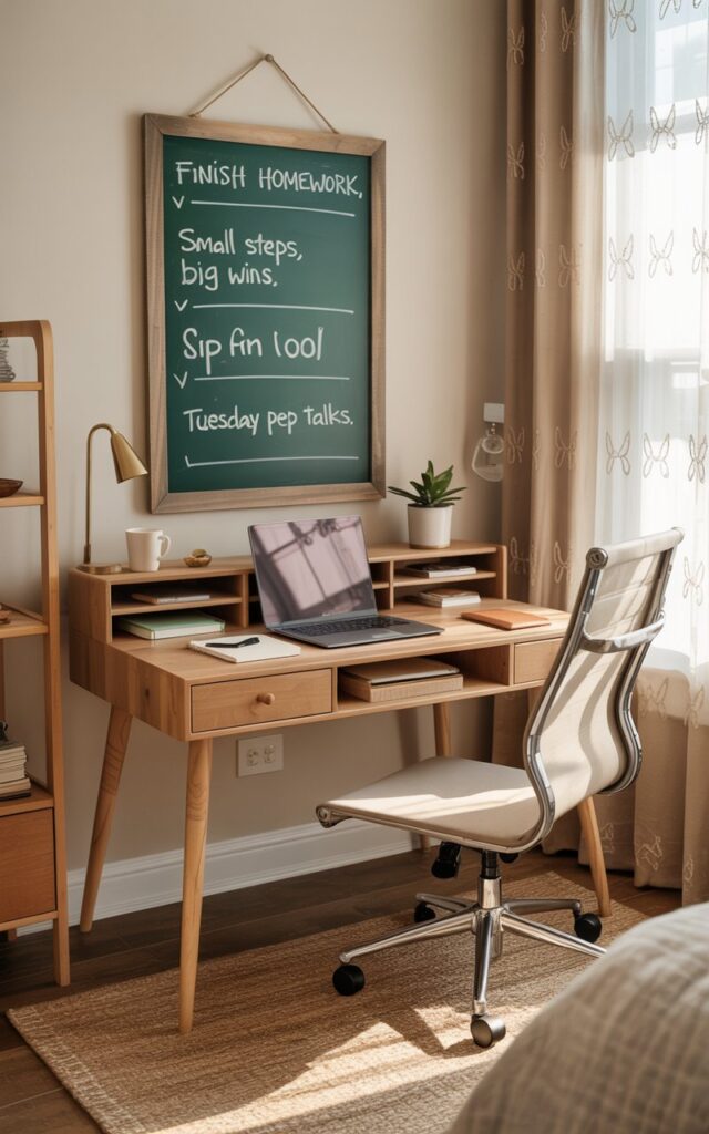 A cozy farmhouse-style home office featuring a small vertical green chalkboard mounted on a wall above the desk. The chalkboard displays notes and reminders such as “Finish homework,” “Small steps, big wins,” and “Tuesday pep talks” in playful handwriting. The desk below holds essentials: a laptop, notebooks, a coffee cup, and a small plant. The office includes a wooden desk with angled legs, a sleek ergonomic chair, and a textured rug. The workspace is tucked in a corner of a bedroom with sunlight filtered through sheer embroided curtain.