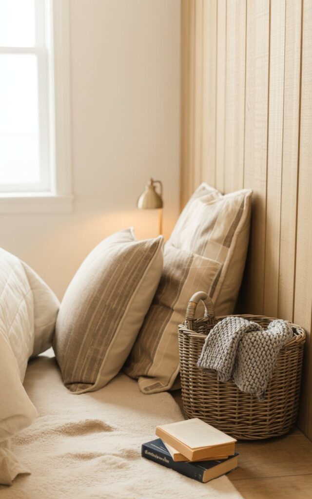 A photograph of a serene reading nook nestled within a cozy bedroom featuring a farmhouse aesthetic. The nook is defined by a plush, cream-colored rug layered with two oversized pillows in muted grey and beige patterns, creating a comfortable space beside a wall featuring soft, vertical shiplap. A small wicker basket sits to the side, containing a neatly folded grey knit blanket and a few vintage novels, while a small brass reading lamp provides warm, focused light. Soft natural light streams through a nearby window, gently illuminating the room and highlighting the distressed wood accents and warm textiles throughout the space.