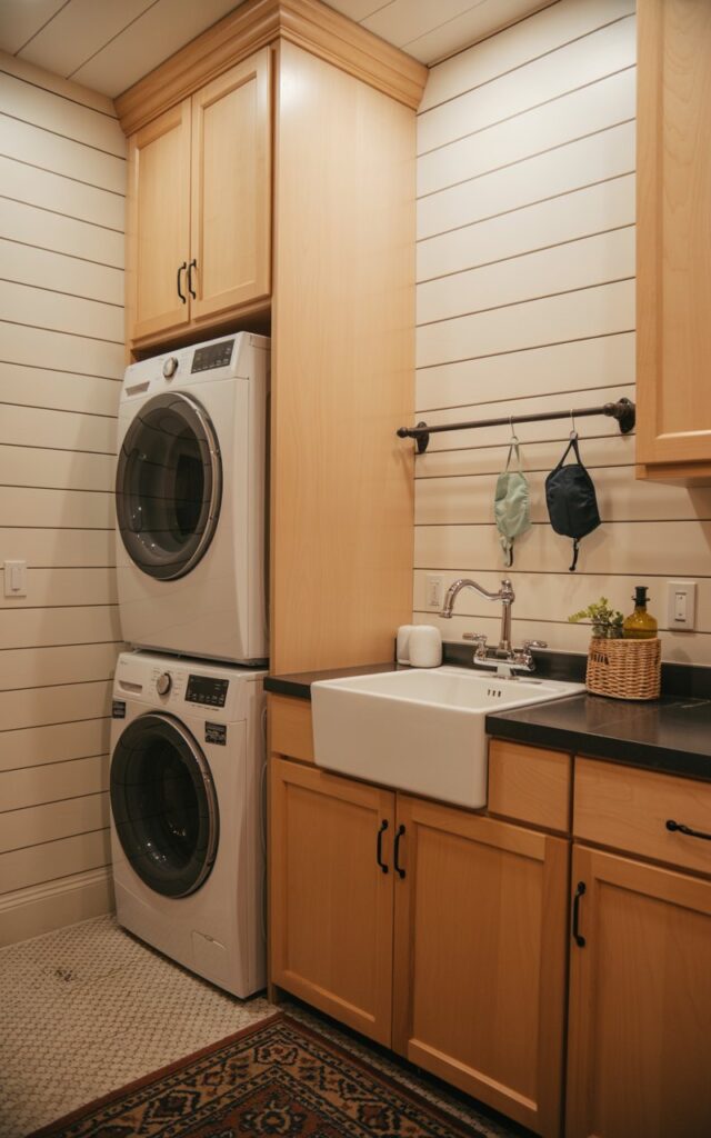 A cozy farmhouse-style laundry room featuring a small towel rod mounted beside the sink with 2 masks hanging on it. The room includes a washer and dryer side by side, soft wood cabinetry, and a patterned floor rug adding warmth underfoot. Show close view of the towel rod.