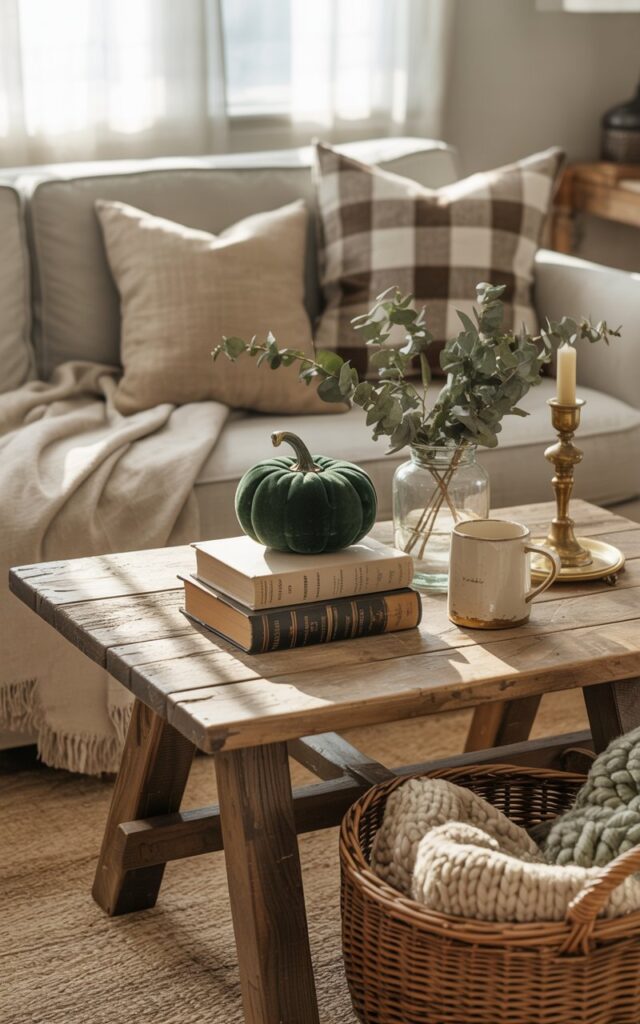 A cozy farmhouse-style living room photograph featuring a rustic wooden coffee table as the centerpiece, topped with a carefully curated autumn vignette. The table displays a small stack of weathered vintage books with faded leather spines supporting an elegant emerald green velvet pumpkin, alongside a cream ceramic mug, antique brass candle holder, and a petite glass vase filled with dried eucalyptus branches. The scene is anchored by a comfortable linen sofa adorned with buffalo plaid and oatmeal-colored throw pillows, while a natural jute rug and woven wicker basket brimming with chunky knit blankets complete the arrangement. Soft afternoon sunlight streams through gauzy white curtains, casting gentle shadows that emphasize the room's weathered wood textures, worn fabrics, and muted palette of sage greens, warm creams, and dusty browns, creating an atmosphere of effortless rustic elegance.