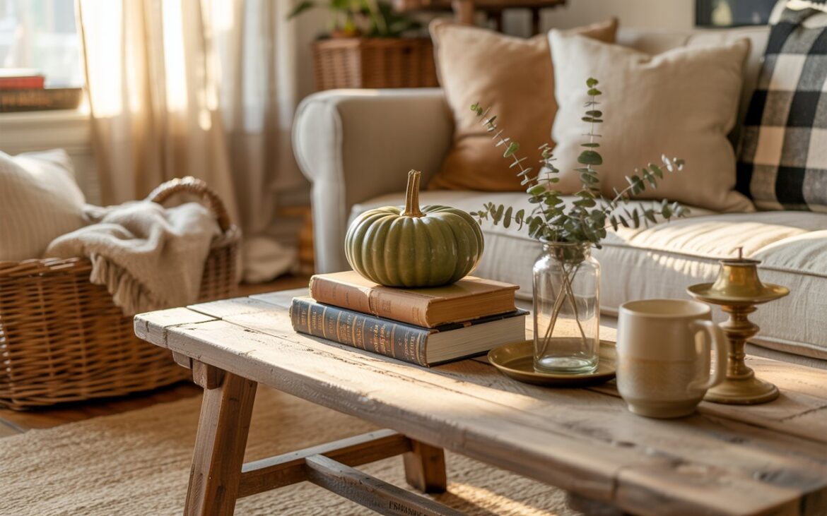 A cozy farmhouse-style living room with a stylish wooden coffee table at the center. On the table, a small stack of vintage books serves as a charming base for a pumpkin A cozy farmhouse-style living room photograph centered on a rustic wooden coffee table adorned with carefully curated autumn decor. The table showcases a small stack of vintage books with weathered leather covers and faded gold lettering, topped with a single luxurious green velvet pumpkin that catches the warm light beautifully. Alongside the books, a cream ceramic mug, an antique brass candle holder, and a small glass vase filled with dried eucalyptus sprigs complete the intimate vignette. The surrounding space features a comfortable linen sofa dressed in buffalo plaid and oatmeal-colored cushions, a natural jute area rug with visible texture, and a woven wicker basket overflowing with soft throws, all bathed in gentle afternoon sunlight streaming through gauzy white curtains that create a dreamy, nostalgic atmosphere.