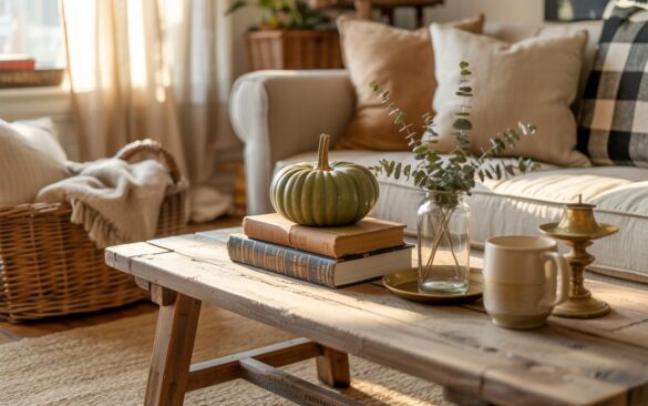 A cozy farmhouse-style living room photograph centered on a rustic wooden coffee table adorned with carefully curated autumn decor. The table showcases a small stack of vintage books with weathered leather covers and faded gold lettering, topped with a single luxurious green velvet pumpkin that catches the warm light beautifully. Alongside the books, a cream ceramic mug, an antique brass candle holder, and a small glass vase filled with dried eucalyptus sprigs complete the intimate vignette. The surrounding space features a comfortable linen sofa dressed in buffalo plaid and oatmeal-colored cushions, a natural jute area rug with visible texture, and a woven wicker basket overflowing with soft throws, all bathed in gentle afternoon sunlight streaming through gauzy white curtains that create a dreamy, nostalgic atmosphere.
