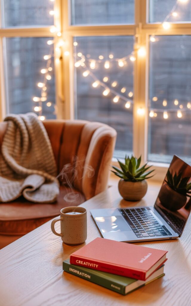 A photograph of a neatly organized home office bathed in the soft glow of warm fairy lights strung across a large window. A sleek, silver laptop sits open on a light wood desk, next to a ceramic mug filled with steaming Earl Grey tea and three neatly stacked books titled "Creativity", "Inspiration", and "Design". A plush, velvet armchair with a knitted throw blanket rests invitingly to the side, accompanied by a small potted succulent with vibrant green leaves. The fairy lights cast a gentle golden light throughout the room, creating a cozy and inspiring atmosphere perfect for late-night work.