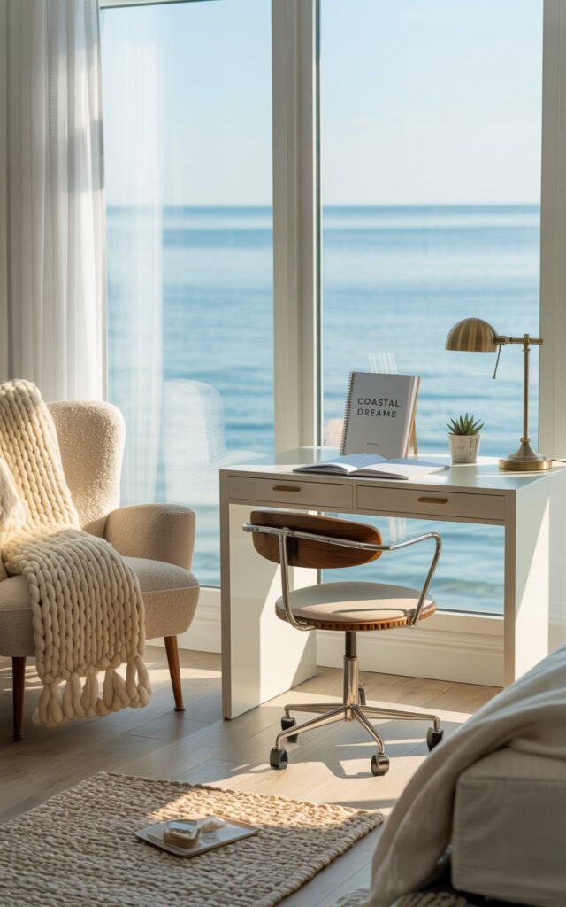A photograph of a serene and stylish home office nestled within a coastal-inspired bedroom. A plush, cream-colored armchair with a chunky knit throw blanket sits invitingly near a large window, framing a view of a calm, blue ocean. A sleek, white desk with a brass lamp and a small succulent sits adjacent to the armchair, showcasing a neatly arranged notebook with the title "Coastal Dreams" printed on the cover. Soft, diffused sunlight streams through the window, illuminating the light wood floors and the subtle, woven area rug, creating a sense of airy comfort and elegant tranquility.