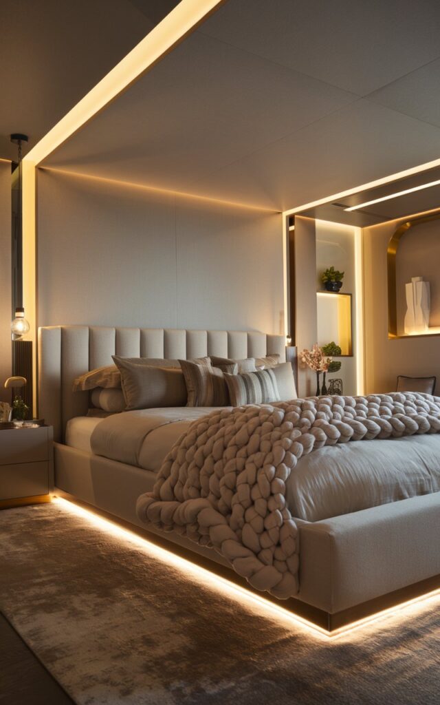 A high-resolution photo of a cozy, posh modern bedroom with a neutral color palette and warm accents. The room features a neatly made bed with soft, chunky knit throws layered at the foot. The bed has a sleek upholstered headboard. The room has ambient soft lighting and minimalistic yet elegant decor. There is a stylish nightstand with a lamp near the bed. The floor has a plush rug. There are subtle decorative elements in the room, such as a small plant and a wall art piece. The overall atmosphere of the room is luxurious and inviting.
