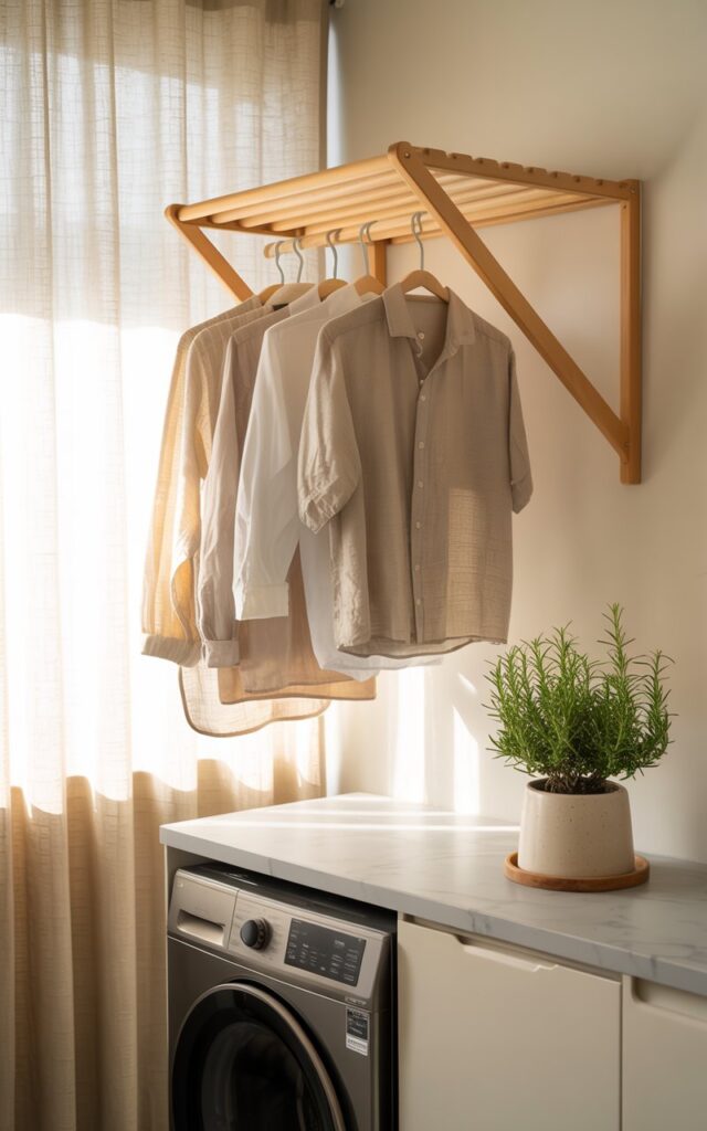 A photograph of a bright, well-organized laundry room, centered around a wall-mounted, foldable drying rack. Several freshly laundered linen shirts and towels in soft neutral tones hang neatly from the rack, their textures subtly catching the light. To the side, a modern washer and dryer are nestled within sleek, gray marble cabinetry, accented by a small ceramic pot holding a vibrant rosemary plant. Soft, diffused sunlight streams through linen curtains, gently illuminating the room and highlighting the warmth of the wood-toned drying rack.