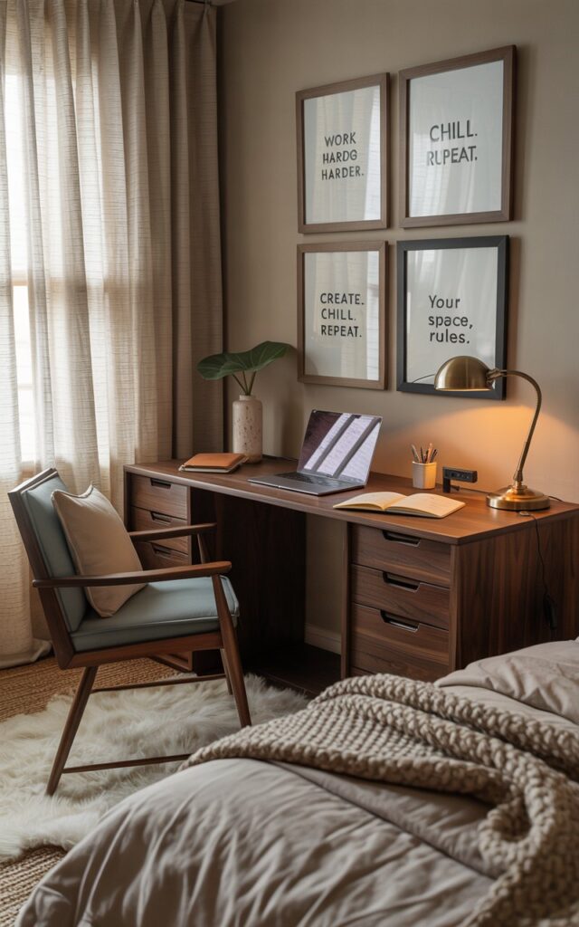 A photograph of a sunlit home office seamlessly integrated into a bedroom, creating a cozy and inspiring workspace. A sleek, dark walnut desk sits centered in the room, adorned with a silver laptop, open notebooks filled with handwritten notes, and a brass task lamp casting a warm glow. Above the desk, three playfully mismatched frames display the quotes “Work hard, lounge harder,” “Create. Chill. Repeat,” and “Your space, your rules,” while a plush cream rug and a textured throw blanket soften the space, complemented by a mid-century modern armchair upholstered in a muted teal fabric. Soft morning light streams through sheer linen curtains, highlighting the blend of traditional and modern elements in this stylish and inviting retreat.