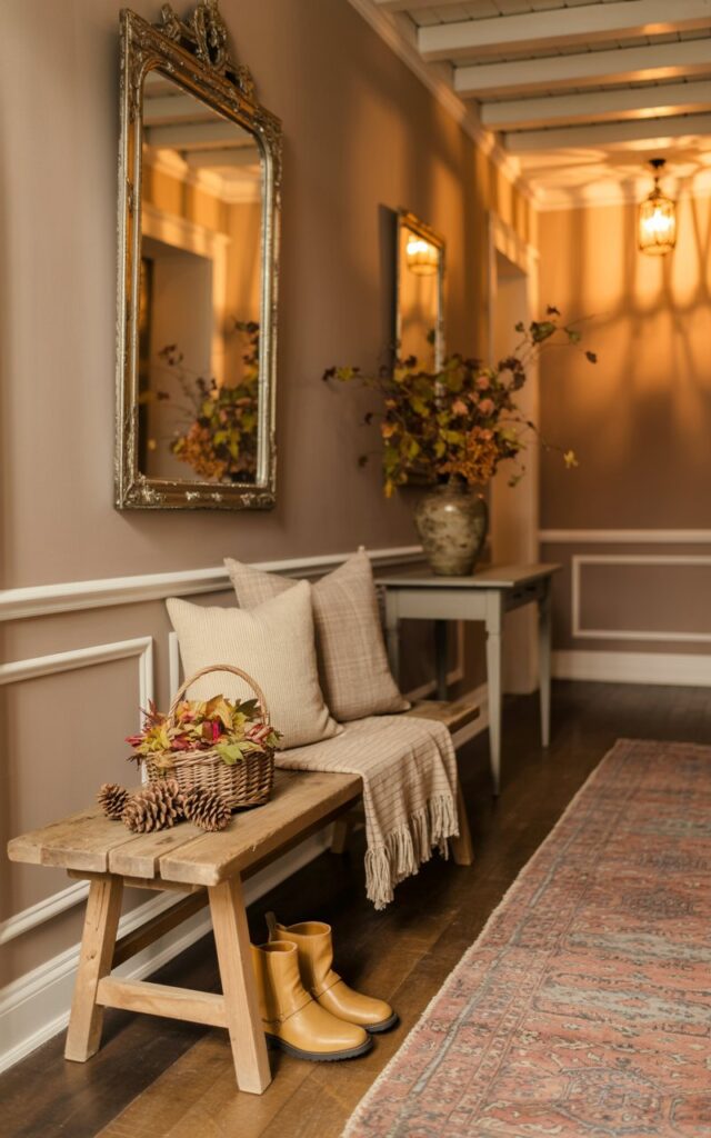 A warm, vintage-style hallway interior featuring a rustic wooden bench as the centerpiece, layered with cream and beige knit throws and soft linen cushions. The bench is thoughtfully styled with a small woven basket filled with colorful fall foliage and scattered pinecones, while a pair of well-worn tan leather boots rest neatly underneath. Above, an ornate vintage mirror with an aged gold frame reflects the soft ambient light, complementing the warm taupe walls adorned with classic white wainscoting. A narrow console table nearby holds a ceramic vase filled with autumn branches, while a faded Persian runner in muted earth tones stretches across the hardwood floor, leading to exposed wooden ceiling beams illuminated by a hanging pendant light that casts a golden glow throughout the space.
