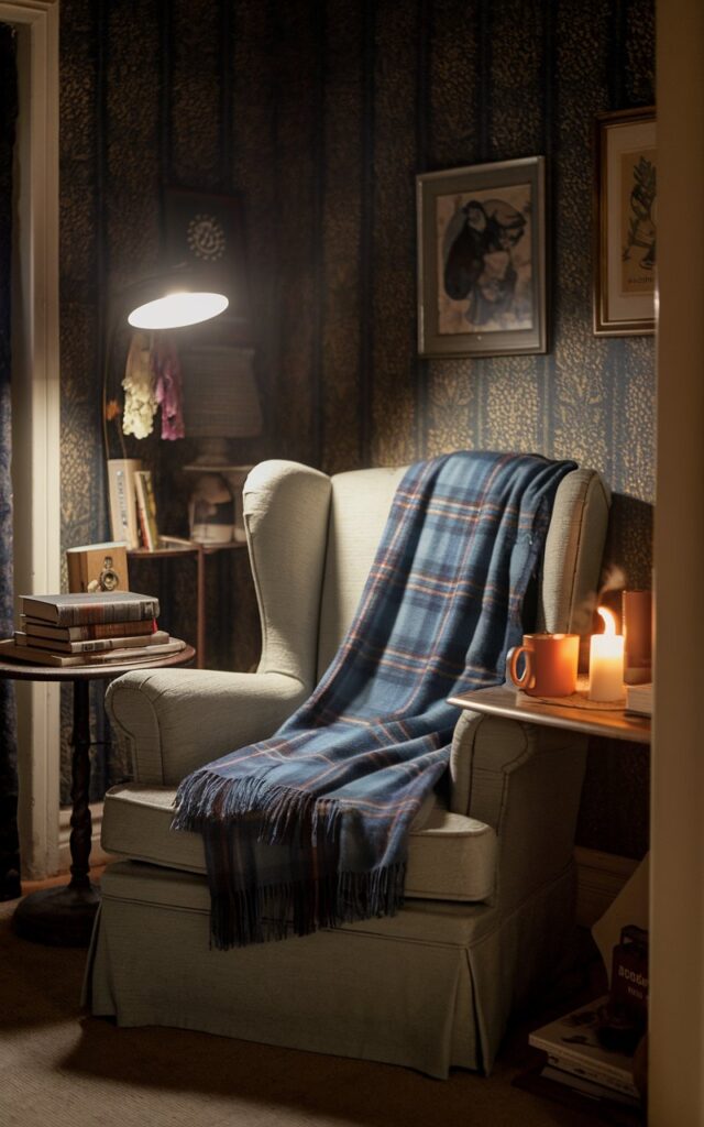 A nighttime photo of a cozy vintage-style reading nook tucked into the corner of a living room. A soft blue plaid throw is draped casually over a well-loved armchair with classic lines and slightly worn upholstery, giving the space a lived-in charm. Nearby, a small wooden side table holds a stack of books, a steaming mug, and a flickering candle. The nook is softly lit by a floor lamp, with vintage artwork and patterned wallpaper adding nostalgic warmth. The overall atmosphere feels timeless, intimate, and perfectly suited for slow, quiet moments.