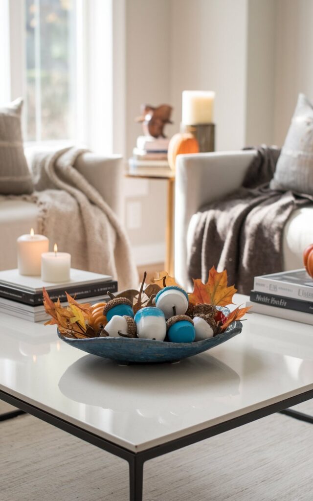 A photo of a cozy, well-styled living room with a sleek modern coffee table as the centerpiece. On the table, a decorative ceramic bowl holds a mix of blue and white painted acorns with a scattering of dried autumn leaves, pumpkin toys, creating a subtle yet artistic fall accent. The surrounding decor includes neutral-toned furniture, soft throw blankets, candles, and books, blending comfort with sophistication. Gentle natural light filters through nearby windows, highlighting the textures and colors in the bowl for an elegant, seasonal touch.