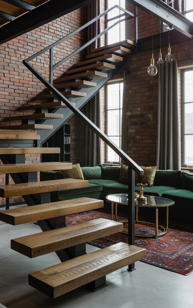 A dramatic interior photograph of a glam-industrial living room dominated by a striking floating staircase with thick reclaimed wood planks and sleek matte black metal brackets. The minimalist steel railing follows clean geometric lines, appearing to defy gravity as the steps ascend without visible supports beneath them. The space perfectly balances raw industrial elements—exposed red brick walls, charcoal steel-framed furniture, and vintage Edison bulb pendant lights—with luxurious touches including an emerald velvet sectional, polished brass accent tables, and a rich Persian area rug in deep jewel tones. Floor-to-ceiling windows draped with charcoal linen curtains flood the interior with natural light, creating dramatic shadows that emphasize the striking textural contrast between weathered materials and polished glamour.
