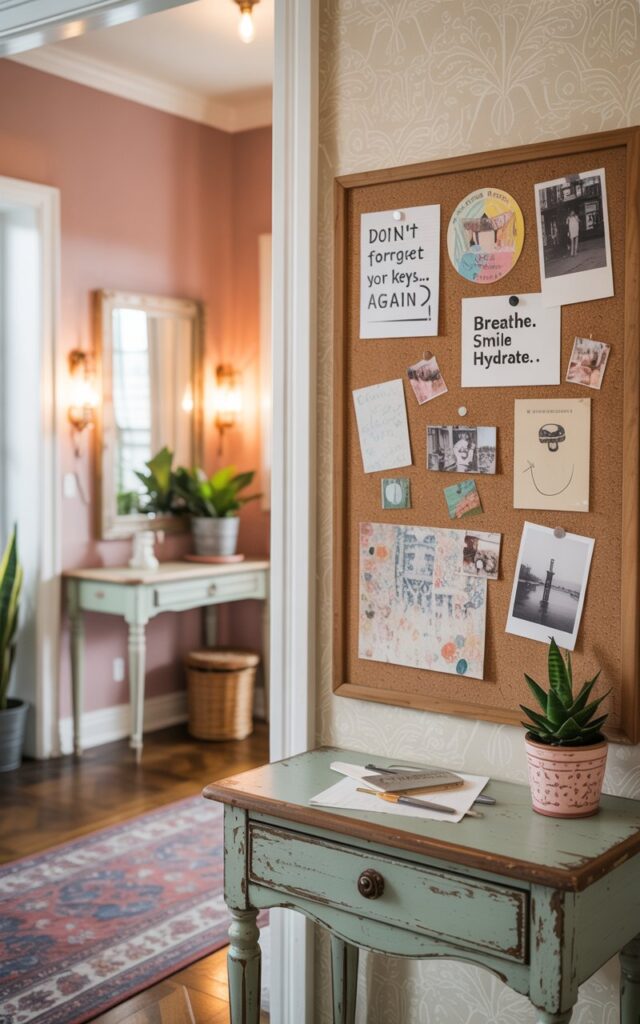 A photograph of a quaint hallway seamlessly blending farmhouse and art deco styles. The focal point is a small corkboard mounted above a vintage vanity table with a worn, distressed finish. The corkboard showcases a charming collage of pinned items including handwritten notes reading “Don’t forget your keys... again” and “Breathe. Smile. Hydrate.” alongside colorful doodles, faded Polaroids, and travel photos. Soft, diffused lighting illuminates the pastel-colored walls with subtle wallpaper patterns, while a slender console table, a patterned rug, potted plants, and warm sconces complete the inviting and personal space.