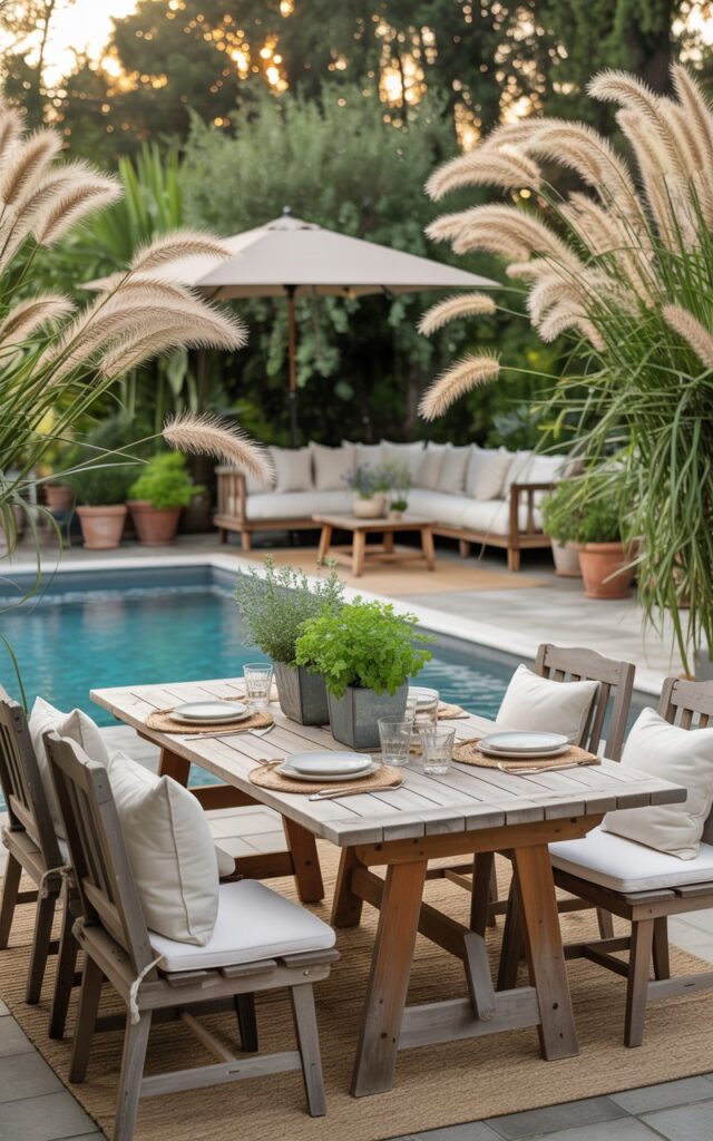A photograph of a charming farmhouse-style backyard patio centered around a sparkling turquoise pool. A rustic wooden dining table is set for four, framed by tall, swaying ornamental grasses with feathery plumes, adding a sense of secluded tranquility. Nearby, a comfortable lounge area with plush cream-colored cushions sits beneath a large beige umbrella, offering a relaxed retreat. Soft golden light bathes the scene, gently illuminating the textured outdoor rugs and vibrant green potted herbs scattered throughout the space.