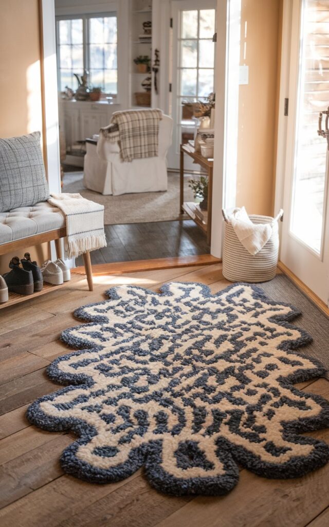 A photo of a farmhouse-style entryway leading into a cozy living room styled for fall. A unique blue-and-white patterned, plush rug is placed prominently on the floor, serving as the focal point and adding a pop of color and texture. The entryway features rustic wooden flooring, a small bench with a tufted cushion and a throw, and a basket for shoes. Warm natural light streams in from a nearby door, highlighting the rug's intricate pattern and setting a welcoming, cozy tone for the home.