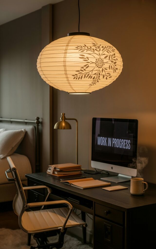A photograph of a serene farmhouse style home office bathed in the soft glow of a single hanging paper lantern. The lantern, adorned with a delicate floral pattern, casts intricate shadows across a dark wood desk holding a monitor displaying "WORK IN PROGRESS" a stack of leather-bound notebooks, and a steaming ceramic coffee mug. An ergonomic chair with a plush footrest sits before the desk, complemented by a soft, cream-colored rug and sleek furniture with brushed brass accents. A partially visible bed frame is subtly visible in the background, hinting at a comfortable and cozy atmosphere.
