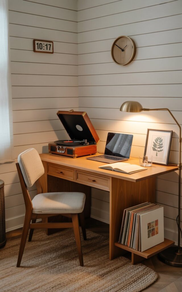 A photograph of a cozy farmhouse style home office nestled in a living room corner, showcasing a minimalist desk as the central focus. The desk, crafted from light oak wood, holds a small vintage record player with a polished wooden casing alongside a silver laptop, open notebooks, and a brass study lamp radiating a warm light. A mid-century style chair upholstered in cream-colored linen sits invitingly beside the desk, while a textured jute rug and a sleek black floor lamp softly illuminate the white shiplap walls adorned with a simple wooden clock reading "10:17". Scattered around are subtle vintage touches: a stack of vinyl records with colorful album covers and a framed botanical print, creating a workspace that balances elegance and personal charm.