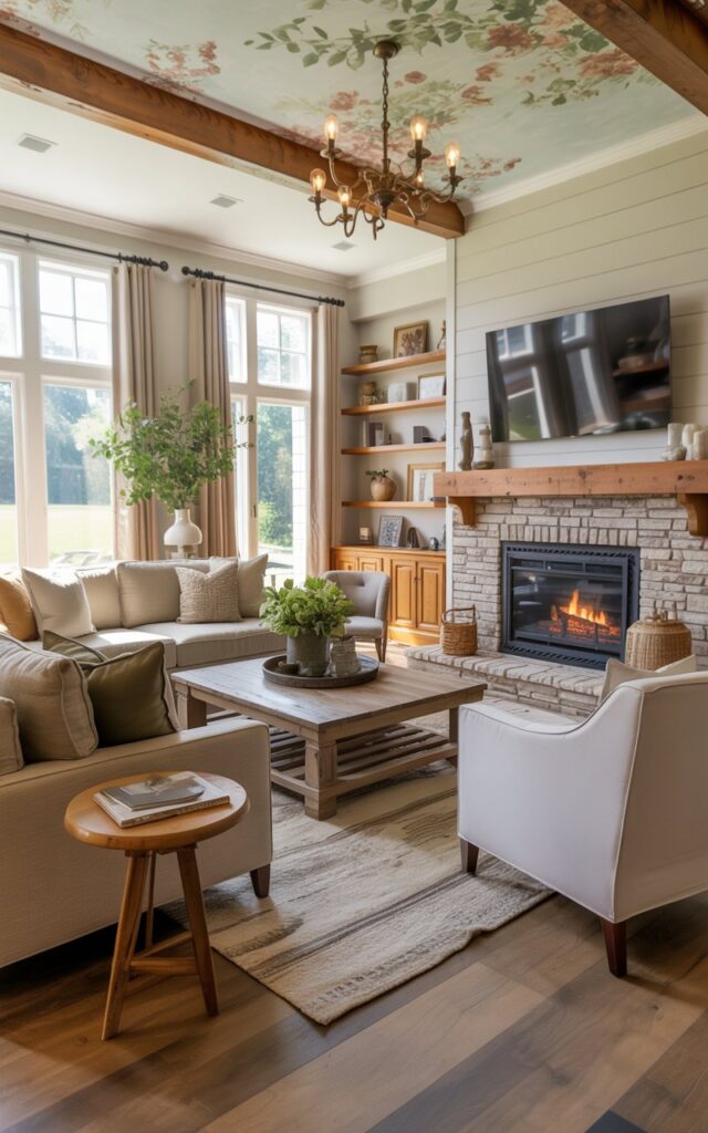 A farmhouse-style living room with an elegant, spacious furniture arrangement that creates clear walking pathways and natural flow throughout the space. The neutral-toned sectional sofa and plush accent chairs are positioned to face both a stone fireplace with a rustic wooden mantel and a sleek entertainment console beneath a mounted flat-screen TV. A reclaimed wood coffee table anchors the seating area, surrounded by layered textured rugs in cream and sage tones that define the conversation space. Natural light pours through tall windows dressed in linen curtains, illuminating warm oak beams, shiplap accent walls, and curated accessories like vintage pottery and fresh greenery, while overhead a delicate floral wallpaper adorns the ceiling with brass pendant lights casting a warm, inviting glow.