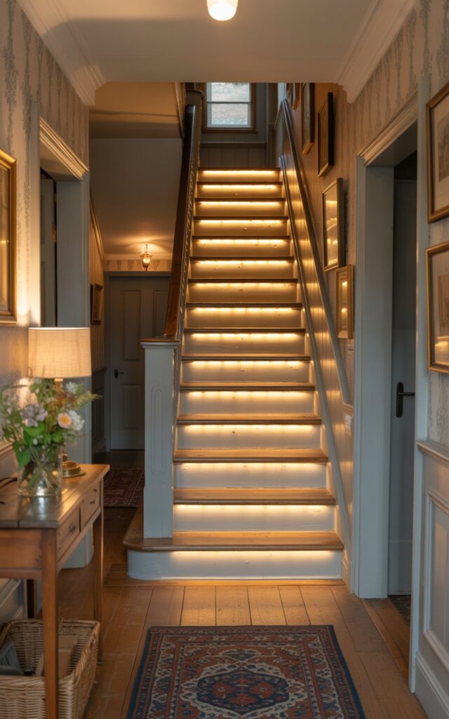 A fully furnished English countryside hallway at night featuring a charming wooden staircase illuminated by warm LED strip lighting under each step. The glow softly highlights the natural oak treads and white-painted risers, casting a cozy, inviting ambiance. The hallway includes rustic details—vintage wallpaper, framed art, and a Persian runner. A wooden console with fresh flowers and a softly glowing table lamp adds warmth. The mood feels serene, elegant, and timelessly British.