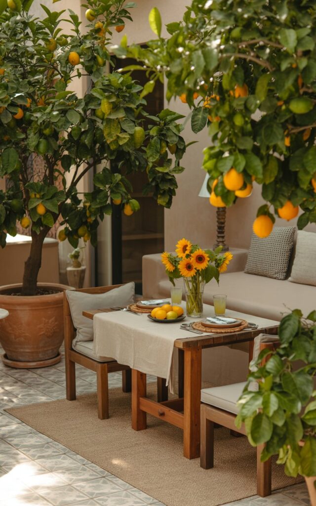 A photograph of a warmly lit Mediterranean patio featuring a rustic wooden dining table set for two. The table is draped with a linen tablecloth, holding a vase of vibrant sunflowers and a plate of fresh lemons alongside two placemats and glasses of chilled lemonade. Lush, glossy green citrus trees in large terracotta pots frame the patio, their bright orange fruit scattered throughout, while a neutral-toned outdoor rug anchors the scene and comfortable lounge seating with patterned cushions invite relaxation. Soft sunlight filters through the trees, creating dappled shadows on the patterned tile flooring, enhancing the warm and inviting atmosphere.