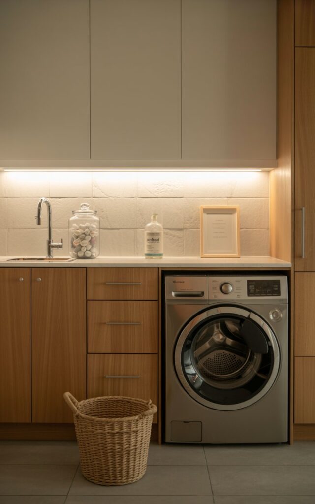 A photograph of a pristine, fully furnished Scandinavian-coastal style laundry room illuminated by soft, warm light at night. Sleek, light oak wooden cabinets with brushed silver hardware flank a countertop holding a clear glass jar filled with laundry pods and a bottle of "Method" washing liquid. A modern front-loading washer sits below the cabinets, its stainless steel finish reflecting the under-cabinet lighting and a woven seagrass basket rests neatly on the floor. The room features a pale grey tiled floor, a textured stone backsplash, and a single, minimalist framed print on the wall, all bathed in the gentle glow of the under-cabinet LEDs.