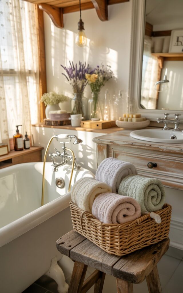 A cozy cottagecore bathroom with vintage charm, featuring a pristine white clawfoot tub and an antique wooden vanity with brass fixtures. Soft pastel spa towels in cream, sage green, and blush pink are neatly rolled and arranged in a natural woven basket perched on a weathered wooden stool. The space is adorned with dried lavender and wildflowers displayed in clear glass mason jars on floating wooden shelves, alongside ceramic soap dishes and vintage apothecary bottles. Gentle natural light streams through delicate lace curtains, casting dappled shadows across the room, while a rustic pendant light with Edison bulb hangs from the detailed wooden beam ceiling, creating a warm and serene atmosphere.