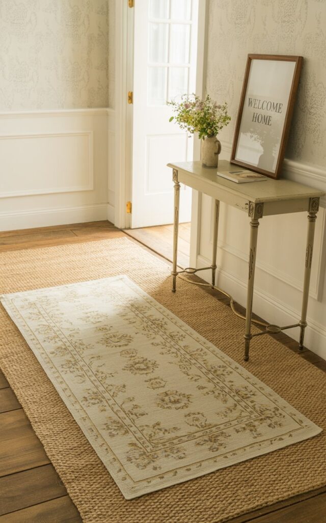 A photograph of a cozy, sun-drenched hallway designed in a countryside style. A neutral jute rug forms the base layer, topped with a vintage-style patterned rug featuring faded floral motifs and soft beige and cream colors, drawing the eye towards the center of the frame. A slim console table with antique brass accents sits against the wall, adorned with a small ceramic vase filled with fresh wildflowers and a framed print displaying “Welcome Home”. Soft natural light streams in from a window, illuminating the warm wooden flooring and highlighting the textured wallpaper with a subtle floral pattern.