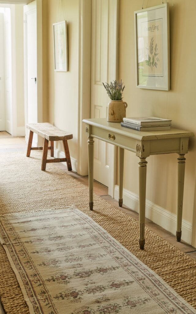 A photograph of a cozy countryside hallway bathed in soft morning light. A neutral jute rug lies beneath a vintage-style patterned rug with a muted floral design, both anchoring the space and creating a layered texture. A slim console table with antique brass accents sits against the wall, adorned with a small ceramic vase of lavender and a stack of "COUNTRY LIVING" magazines. The hallway features pale cream walls adorned with botanical prints, and a rustic wooden bench provides a welcoming touch, contributing to a serene and inviting atmosphere.