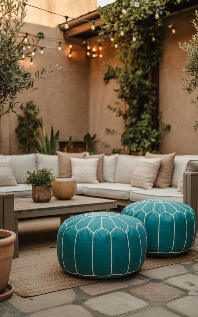 A photograph of a cozy, fully furnished backyard patio bathed in the golden light of late afternoon. Two plush, turquoise Moroccan-style poufs are centered in the foreground, their intricate patterns contrasting beautifully with the rough texture of a nearby woven rug. A comfortable, cream-colored sectional sofa and low wooden coffee table occupy the background, adorned with potted olive trees and trailing vines. Warm string lights are gently draped overhead, casting soft shadows and creating an inviting atmosphere.