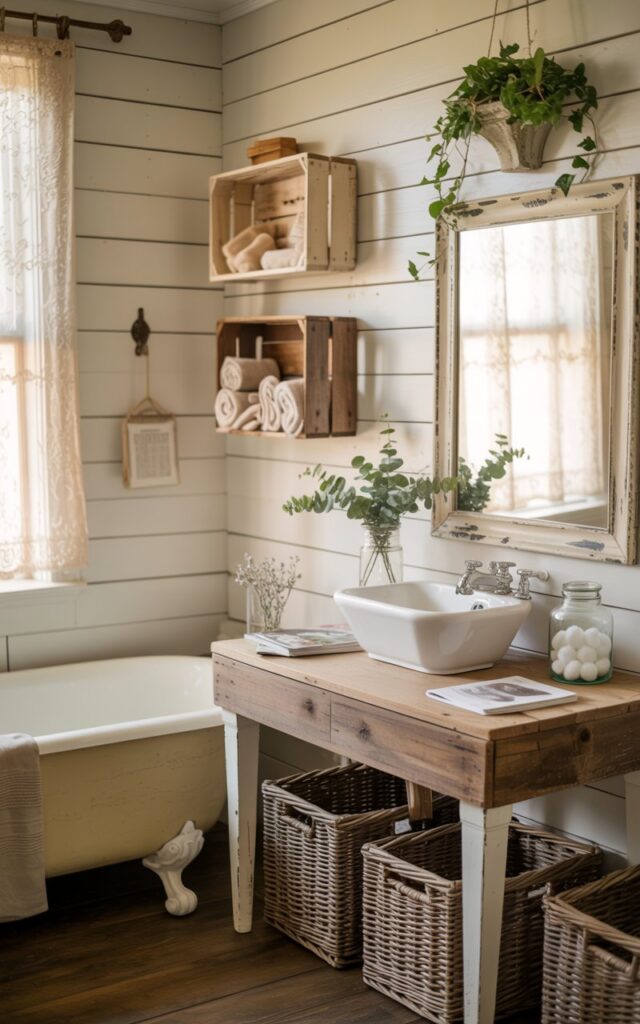 A photograph of a charming farmhouse-style bathroom with white shiplap walls and warm, natural lighting streaming through a lace-curtained window. The space features a vintage clawfoot bathtub, a rustic reclaimed wood vanity topped with a white porcelain vessel sink, and one to two small hand-painted wooden crates mounted on the wall, filled with neatly rolled cream-colored towels and a few magazines. Cozy details include woven rattan baskets on the floor, clear glass apothecary jars filled with cotton balls on the vanity, and a distressed vintage mirror with an ornate frame reflecting the soft light. Fresh eucalyptus sprigs in a mason jar and trailing ivy from a small ceramic planter add natural greenery, creating an inviting, lived-in atmosphere with handcrafted character and timeless farmhouse warmth.
