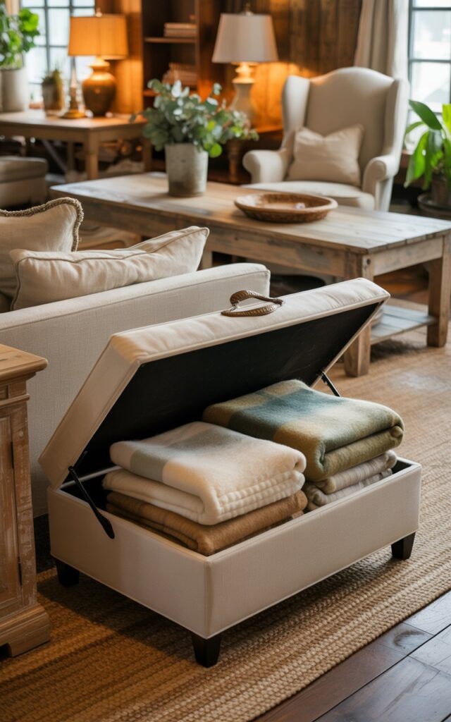 A photograph of a charming farmhouse-style living room showcasing a cream-colored upholstered ottoman with its lid opened to reveal neatly folded wool blankets in soft beige and sage green tones. The ottoman sits beside a weathered wooden console table, while a plush linen sofa with throw pillows, distressed wood coffee table, and wingback armchairs create a cozy seating arrangement around a vintage-inspired braided rug. Warm amber lighting from table lamps and pendant fixtures illuminates the space, highlighting the natural wood textures and potted eucalyptus plants that add fresh greenery to the neutral color palette. The scene captures the perfect balance of rustic charm and practical storage solutions in a welcoming, lived-in atmosphere.