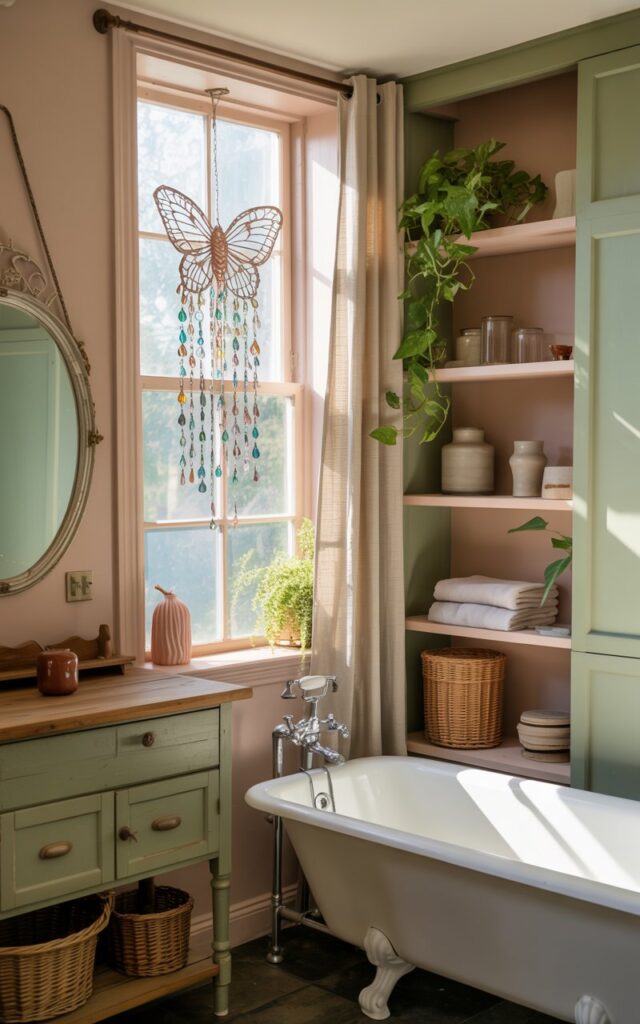 A photograph of a fully furnished modern cottagecore bathroom bathed in soft, natural light streaming through a large window. A delicate butterfly-shaped suncatcher in jewel tones of amber, emerald, and ruby hangs in the window, casting tiny prismatic rainbows across the cream-colored walls and sage green cabinetry. The space features a white freestanding clawfoot bathtub, a reclaimed wood vanity with brass fixtures, and a vintage oval mirror with an ornate frame, while open wooden shelving displays neatly folded linen towels, trailing pothos plants, and hand-thrown ceramic jars. The room is rendered in a palette of cream, sage green, and dusty rose, with natural textures of wicker baskets, linen curtains, and weathered wood creating a serene morning atmosphere filled with whimsical charm.