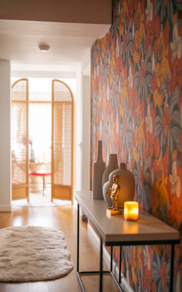 A photograph of a stylish hallway bathed in soft, natural light, showcasing a vibrant accent wall adorned with bold floral peel-and-stick wallpaper. A slender console table, displaying a collection of ceramic vases, a small brass sculpture, and a flickering LED candle, sits elegantly before the wallpaper. A plush, cream-colored runner graces the polished wooden floor, leading the eye towards a partially visible Balinese-inspired wood screen at the hallway’s end, creating an inviting and functional space. Ambient lighting from a recessed fixture highlights the intricate details and creates a warm and glamorous atmosphere.