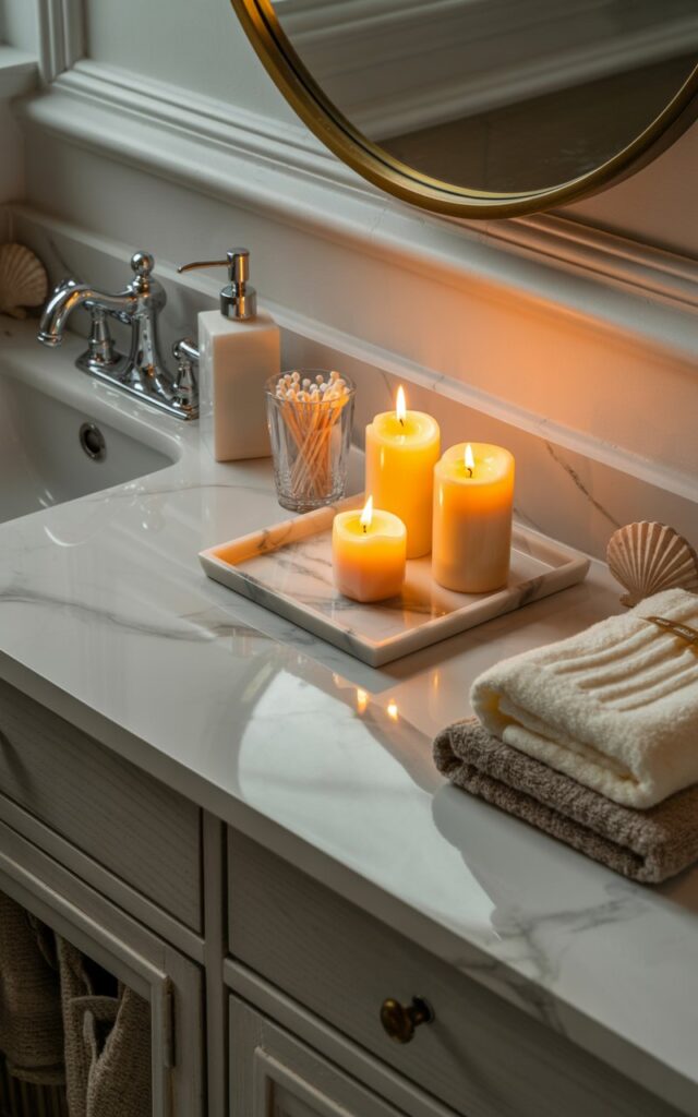 A sophisticated bathroom counter photographed at night, showcasing a perfect blend of glamorous and coastal design elements. The pristine white marble countertop features 2-3 fall-scented candles of varying heights elegantly arranged on a matching marble tray, their warm flames flickering and casting golden reflections across the polished surface. A sleek soap dispenser, small crystal jar filled with cotton swabs, and neatly folded plush towels in soft cream and taupe tones complete the luxurious styling. The whitewashed vanity below supports the coastal aesthetic, while subtle seashell accents and a round mirror with an ornate brass frame add warmth and sophistication, all bathed in the soft, ambient glow of the candlelight.