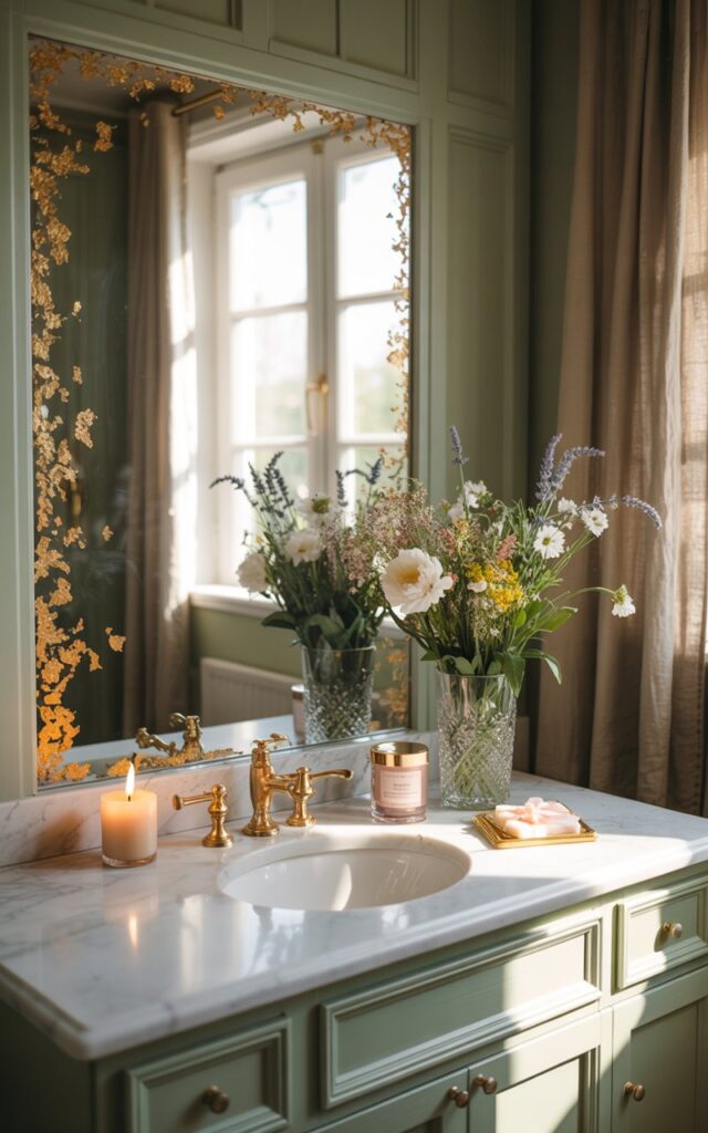 A photograph of an elegant bathroom vanity blending countryside charm with glamorous touches, featuring a large mirror adorned with delicate temporary gold leaf corners that shimmer softly in the natural light. The vanity boasts a smooth marble countertop in creamy white veining, paired with pastel sage-green painted cabinetry and vintage-inspired brushed brass fixtures that complement the golden accents. A crystal vase filled with fresh wildflowers, white peonies, and sprigs of lavender sits alongside a flickering vanilla candle and carefully arranged rose gold beauty essentials. Soft natural sunlight streams through a nearby window with sheer linen curtains, casting a warm glow that highlights the gold leaf's subtle shimmer and creates an atmosphere of refined, cozy elegance.