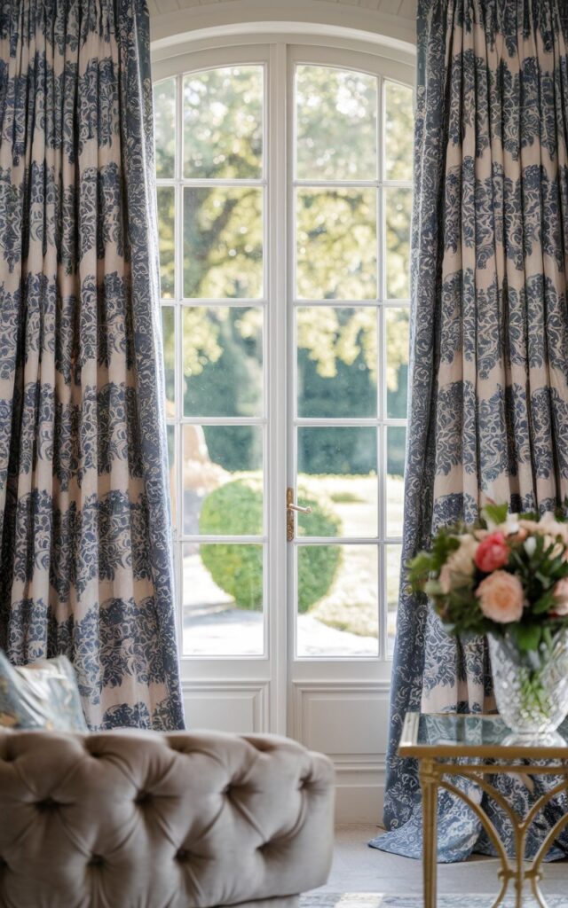 A photo of a glam and posh countryside-style living room with a close-up view of elegant blue-and-white patterned curtains framing large windows that open to a lush garden view. The fabric features intricate prints with a soft sheen, catching the gentle afternoon light. In the background, hints of refined countryside decor appear — a tufted armchair, gold-accented side table, and fresh flowers in a crystal vase. The overall mood feels luxurious yet relaxed, blending rustic charm with sophisticated elegance.